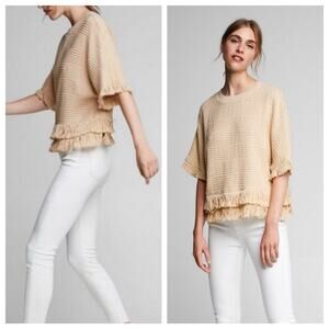 Zara Cream Fringe Top Small Short Sleeve Crewneck